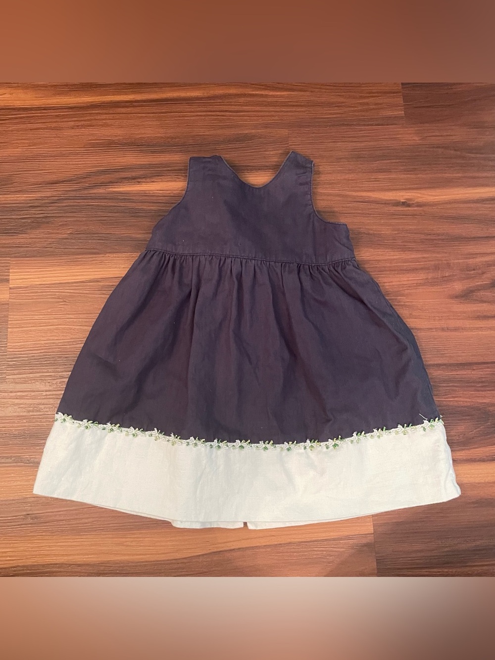 Vintage Hartstrings baby Girls Navy and Cream Sleeveless Embroidered Hem Dress